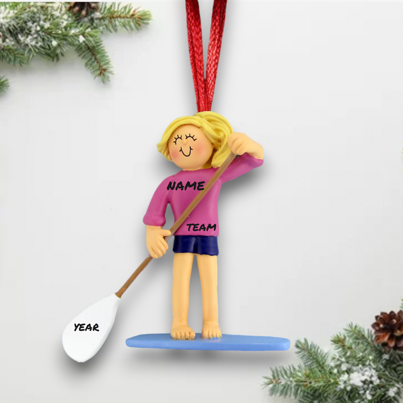 Personalized Blonde Female Paddle Board Christmas Ornament