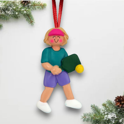 Personalized Blonde Female Pickleball Player Christmas Ornament