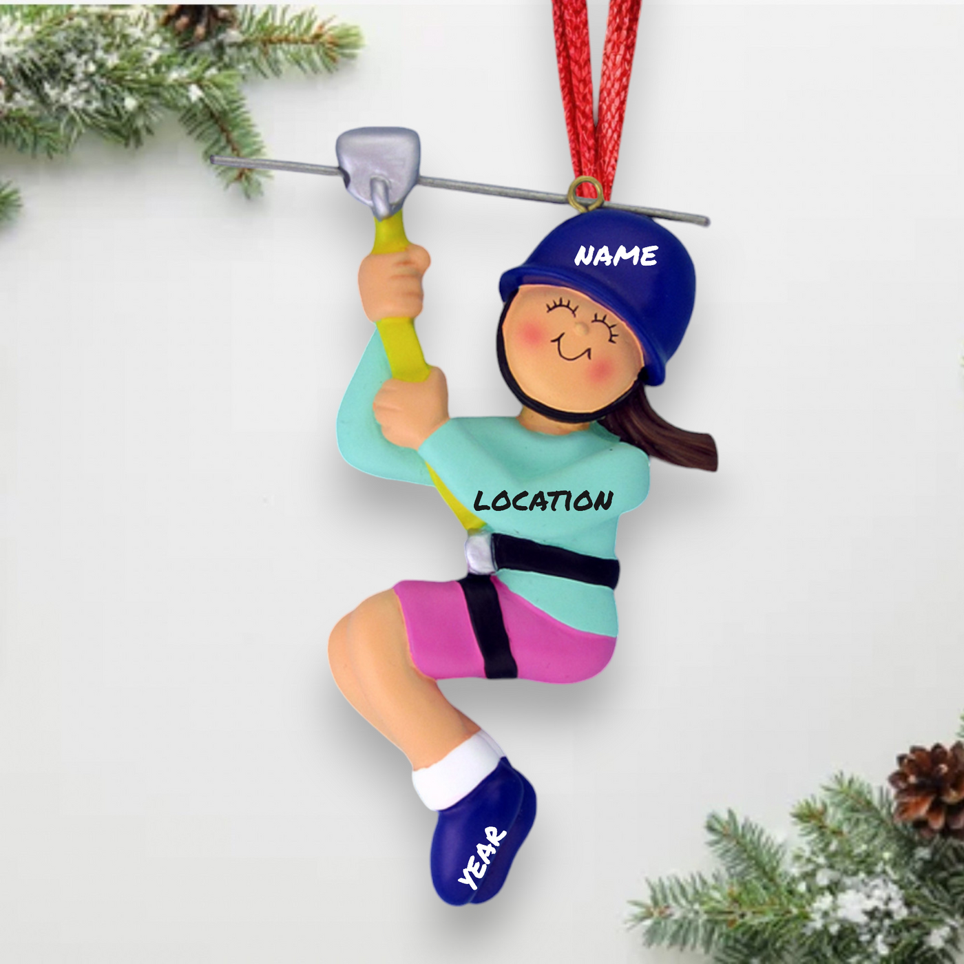 Personalized Brown Female Zipliner Christmas Ornament