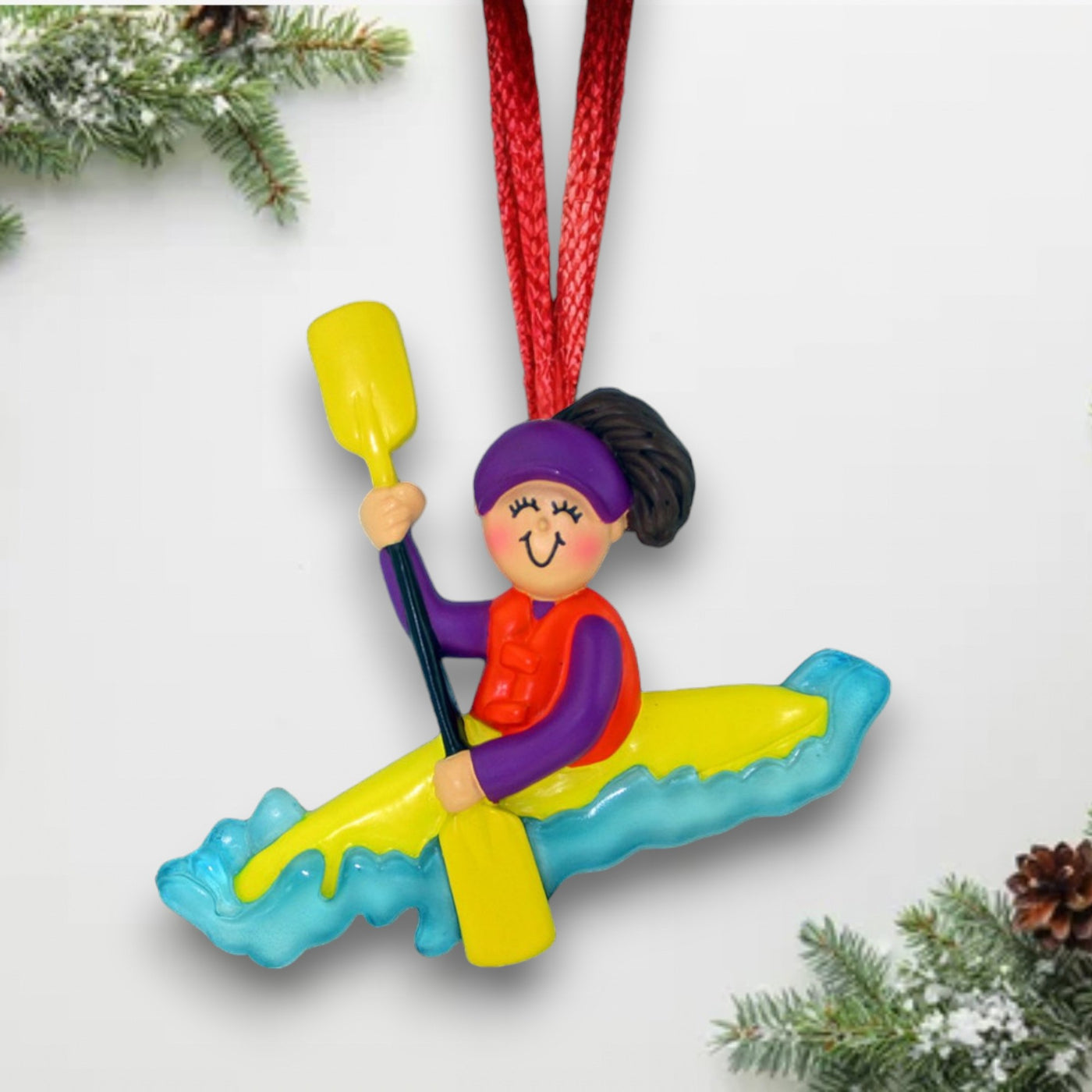 Personalized Brunette Female Kayaking Player Christmas Ornament