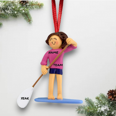 Personalized Brunette Female Paddle Board Christmas Ornament