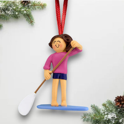 Personalized Brunette Female Paddle Board Christmas Ornament