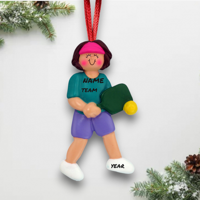 Personalized Brunette Female Pickleball Player Christmas Ornament