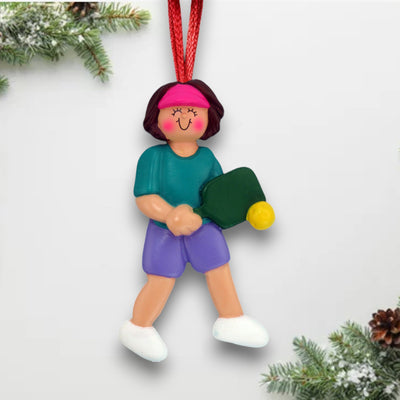 Personalized Brunette Female Pickleball Player Christmas Ornament