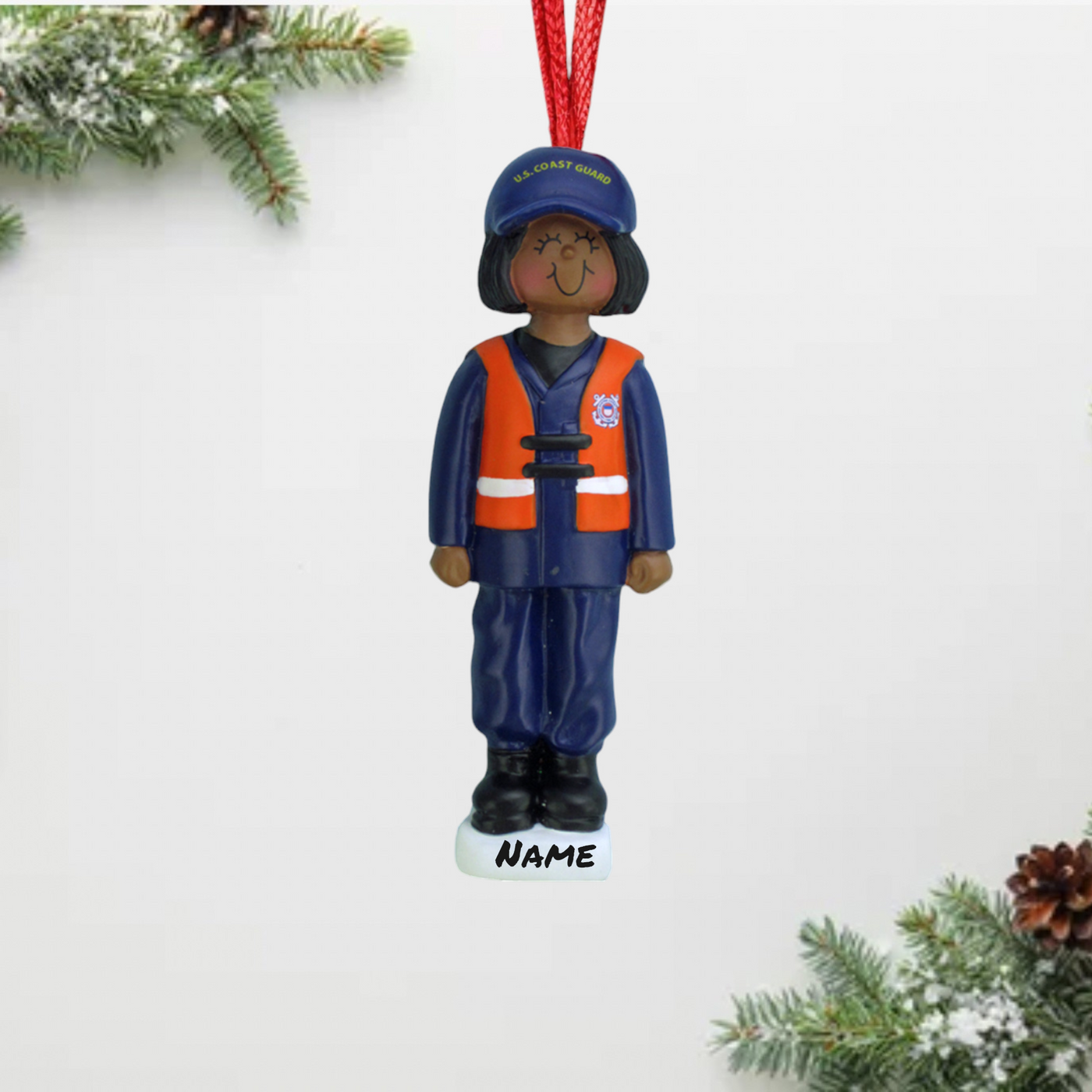 Personalized Black Female Coast Guard Member Christmas Ornament