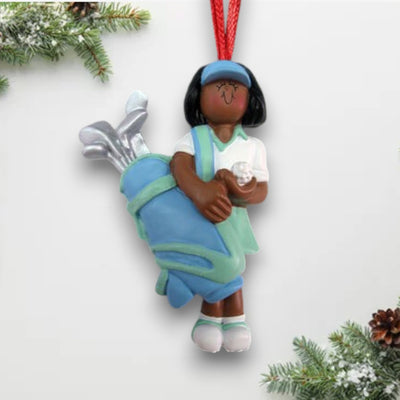 Personalized African-American Female Golfer Christmas Ornament