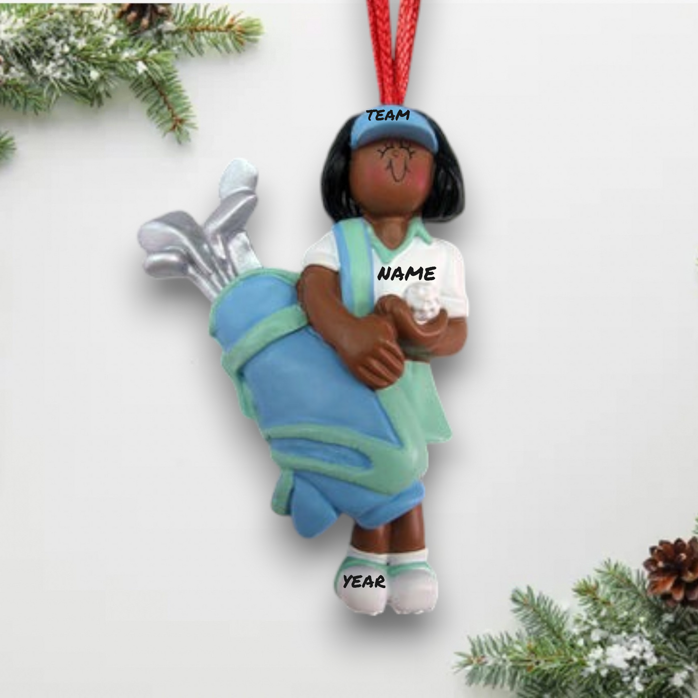 Personalized African-American Female Golfer Christmas Ornament