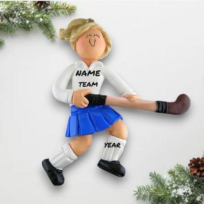 Personalized Blonde Female Field Hockey Player Christmas Ornament