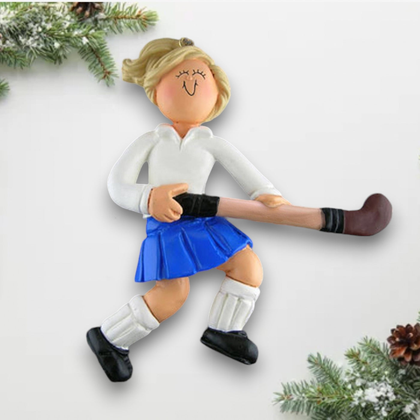 Personalized Blonde Female Field Hockey Player Christmas Ornament