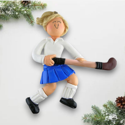 Personalized Blonde Female Field Hockey Player Christmas Ornament