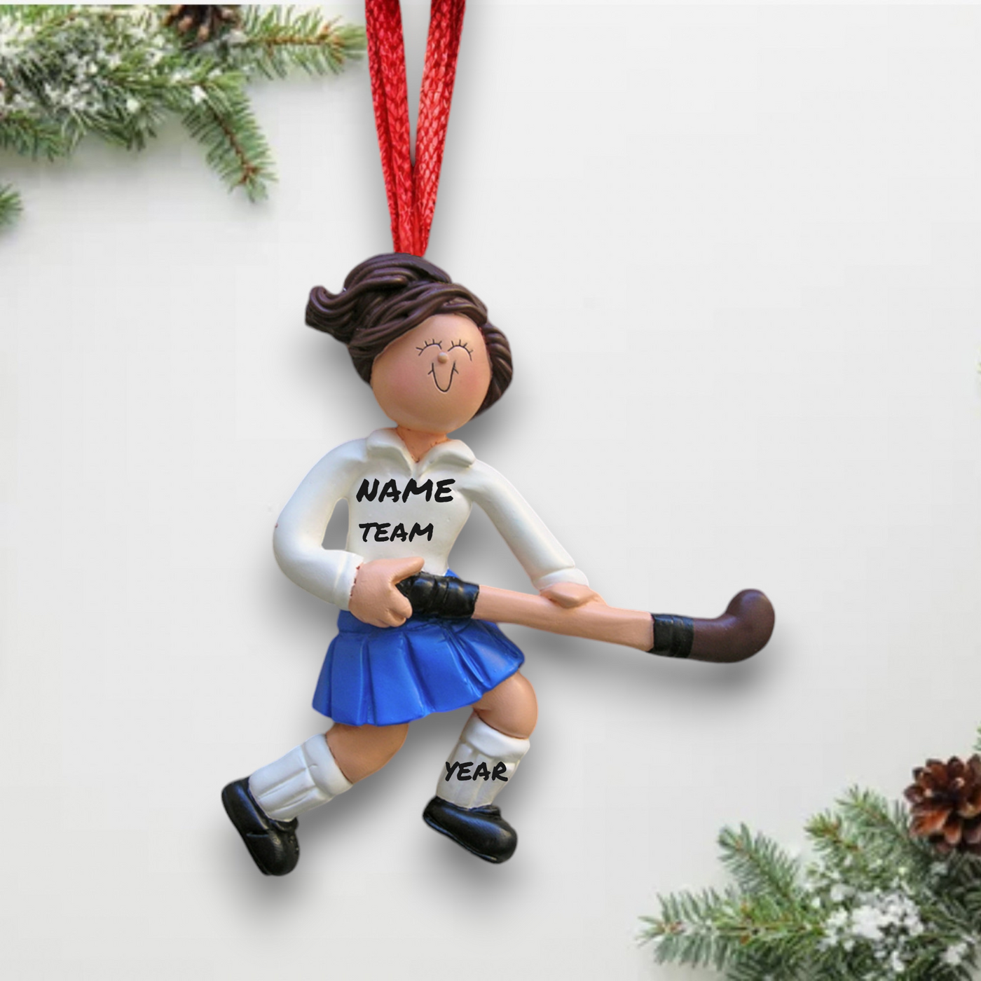 Personalized Brunette Female Field Hockey Player Christmas Ornament