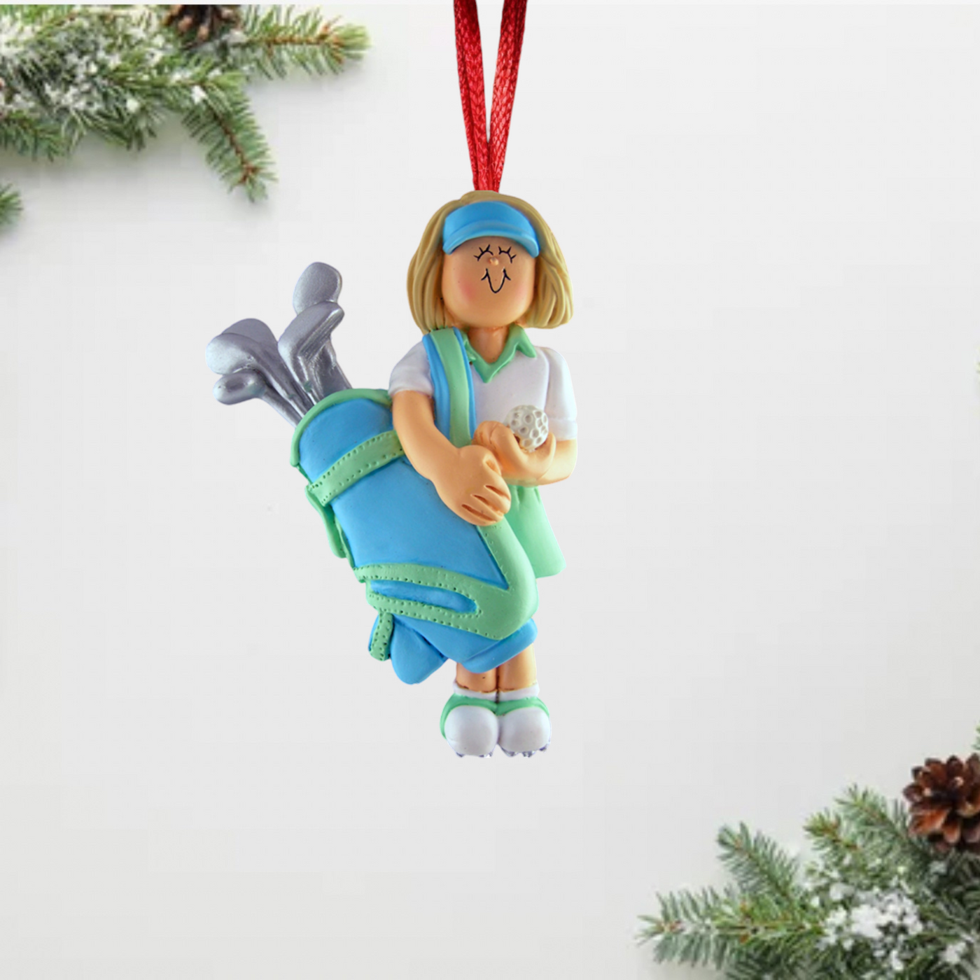 Personalized Blonde Female Golfer Christmas Ornament