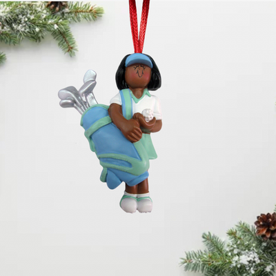 Personalized Black Female Golfer Christmas Ornament