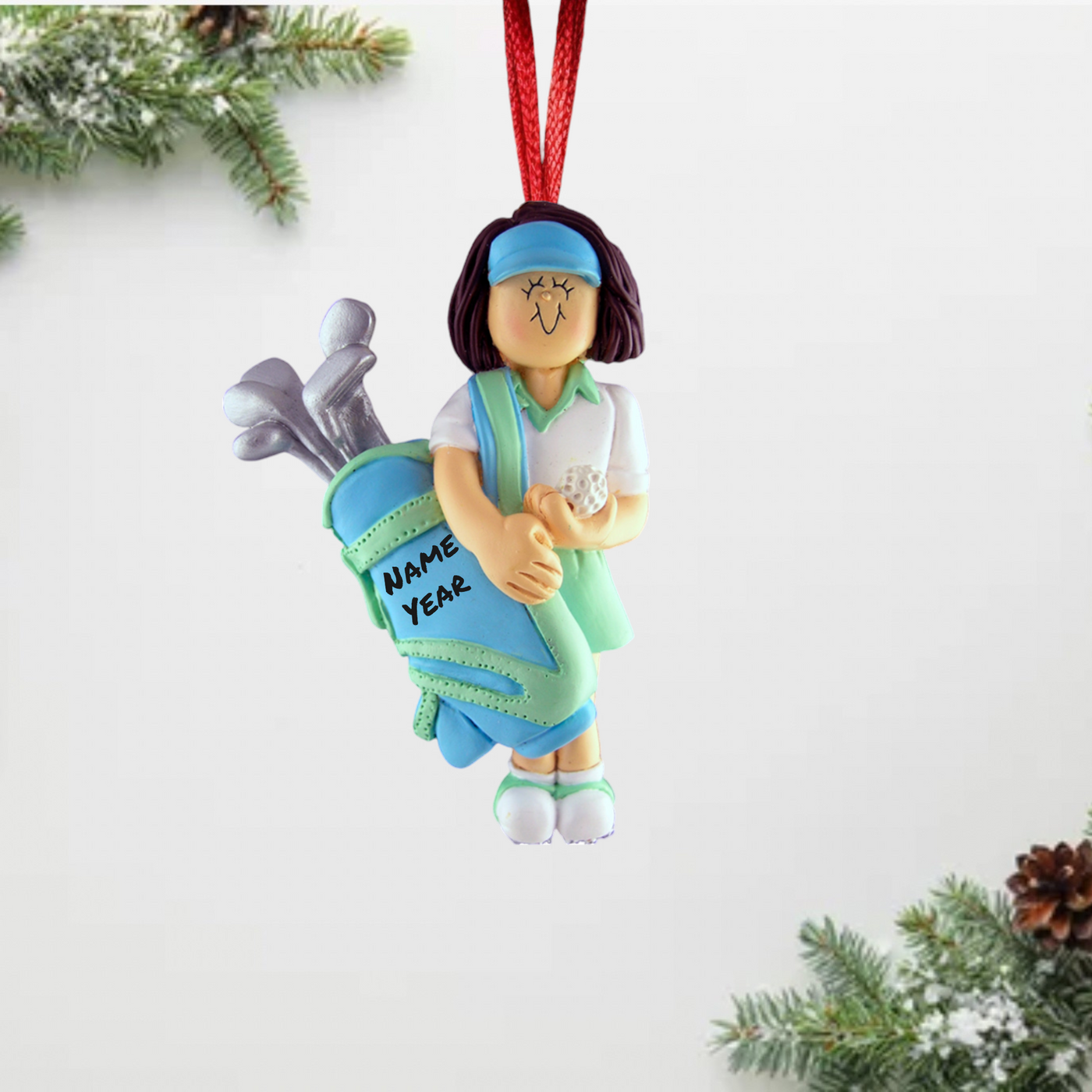 Personalized Brunette Female Golfer Christmas Ornament