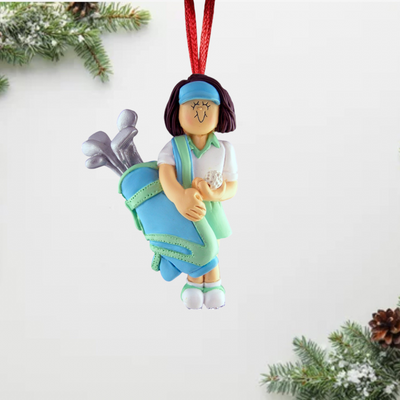 Personalized Brunette Female Golfer Christmas Ornament