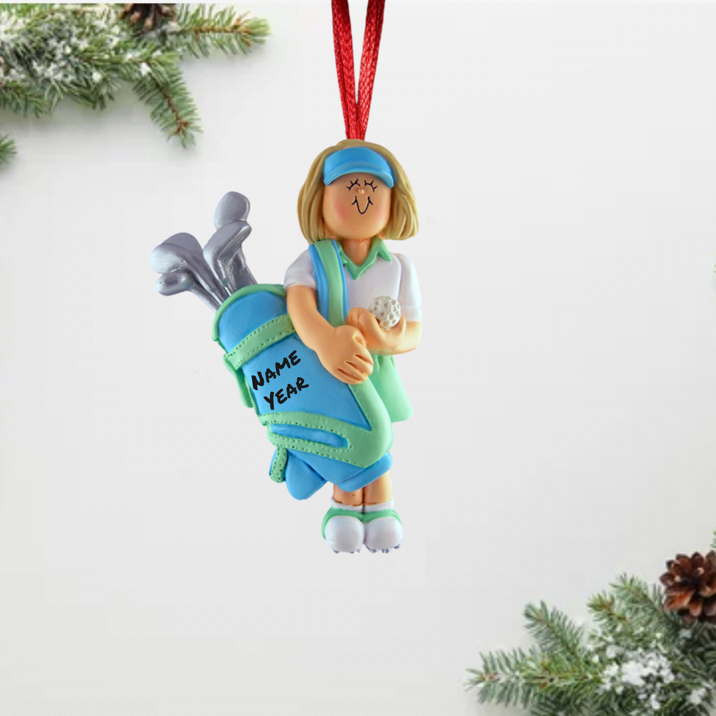 Personalized Blonde Female Golfer Christmas Ornament