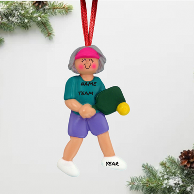 Personalized Gray-Haired Female Pickleball Player Christmas Ornament