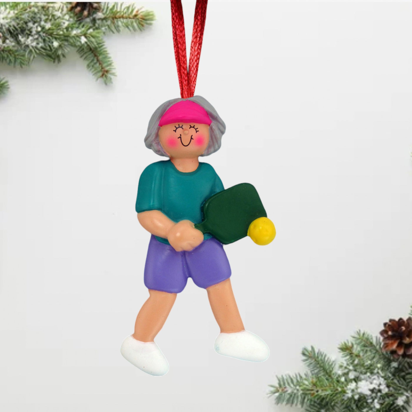 Personalized Gray-Haired Female Pickleball Player Christmas Ornament