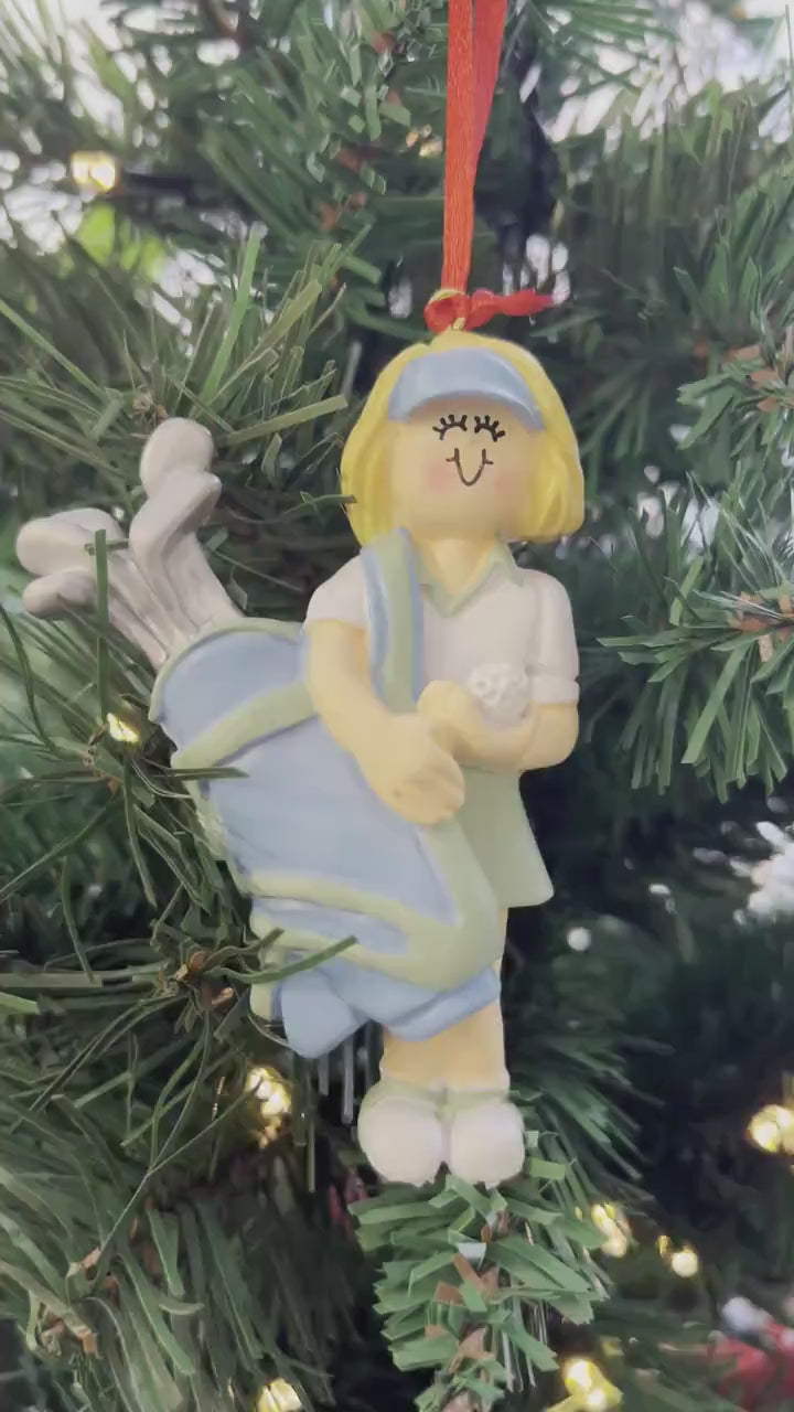 Personalized Blonde Female Golfer Christmas Ornament