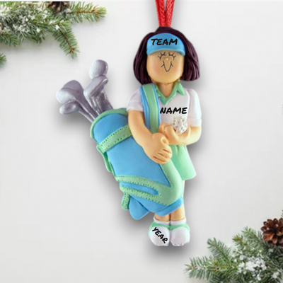 Personalized Brunette Female Golfer Christmas Ornament