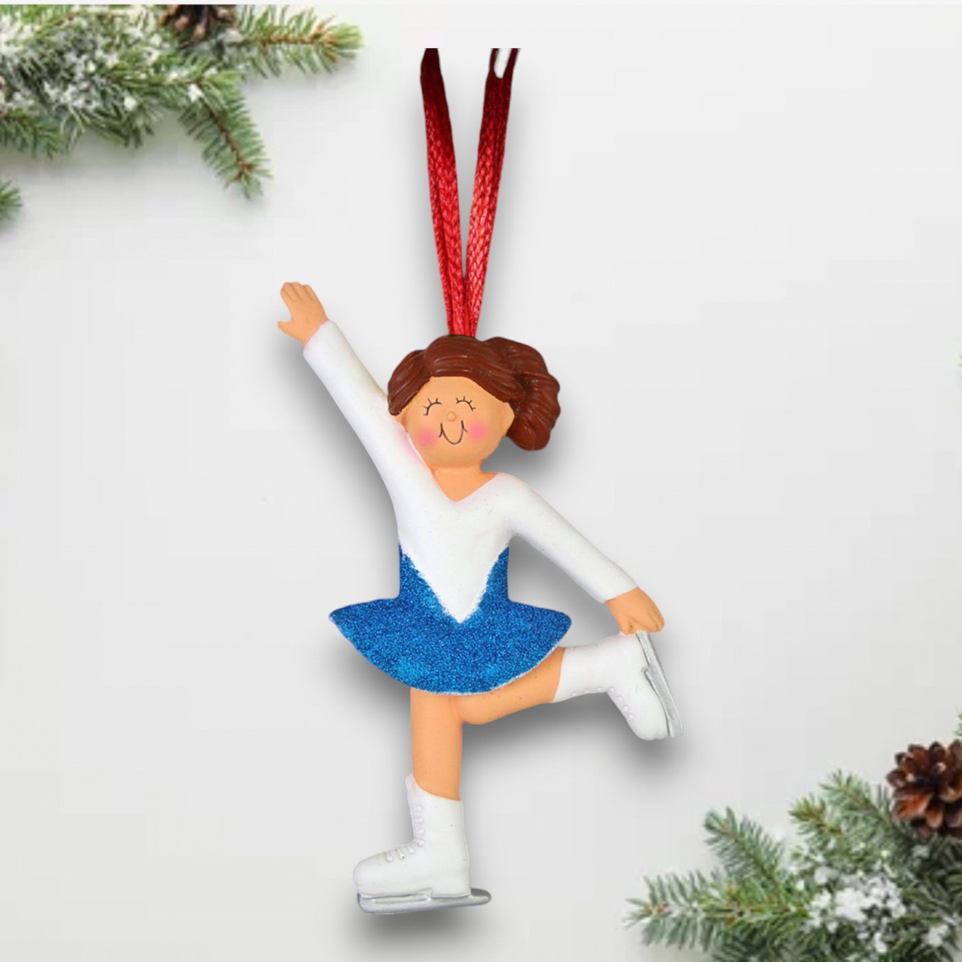 Personalized Brown-Haired Female Skater Christmas Ornament