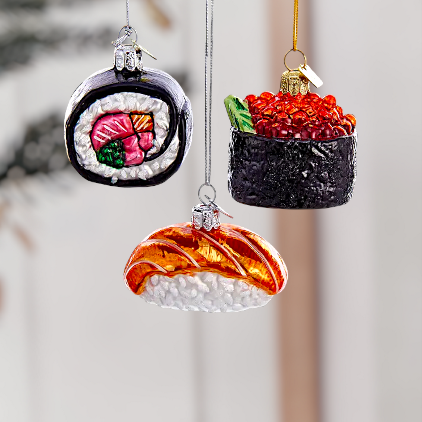 Sushi Christmas Ornaments – Set of 3 Hand-Painted Glass Rolls (Nigiri, Maki, and Ikura)