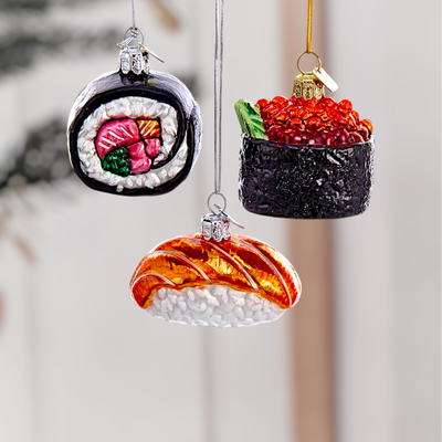 Sushi Christmas Ornaments – Set of 3 Hand-Painted Glass Rolls (Nigiri, Maki, and Ikura)